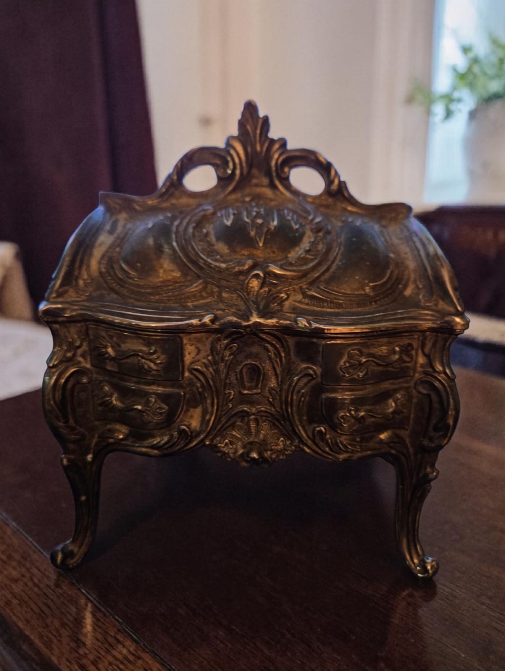Antique French Pewter Dresser Box With Red Velvet Lining